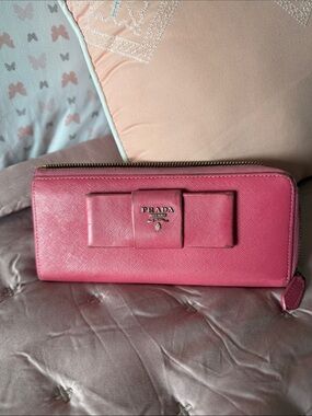 Prada Red Saffiano Bow Zip-Around Wallet